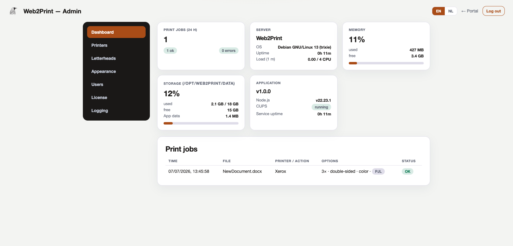 Web2Print admin dashboard: a completed print job, connected printer, storage and server status