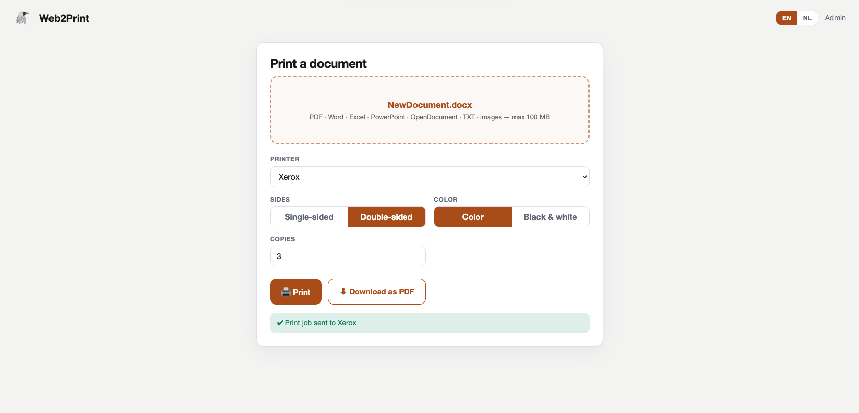 Web2Print print portal — document chosen, options set, print job sent to the Xerox printer